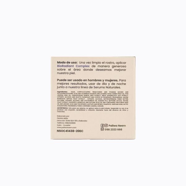 Bioradiant Complex Antimanchas con SPF Paliwa Neem - detalle del envase, dermocosmética natural
