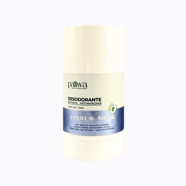 Desodorante Natural Citrus Musk Paliwa Neem - textura y envase del desodorante natural