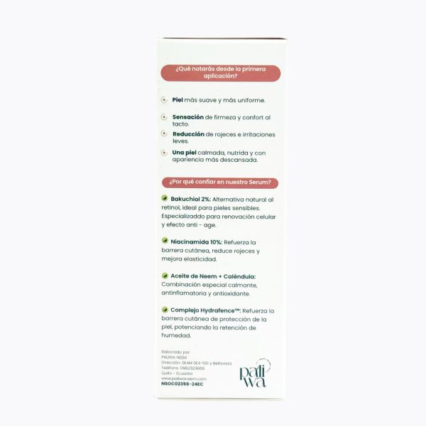 Sérum Bakuchiol & Niacinamide Paliwa Neem - vista lateral del envase