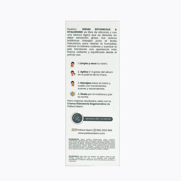 Sérum Hyaluronic & Botanicals Paliwa Neem - envase lateral, sérum facial con ácido hialurónico