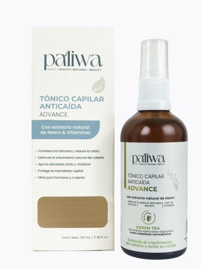 Tónico Anticaída Green Tea Paliwa Neem - textura y envase del tónico capilar