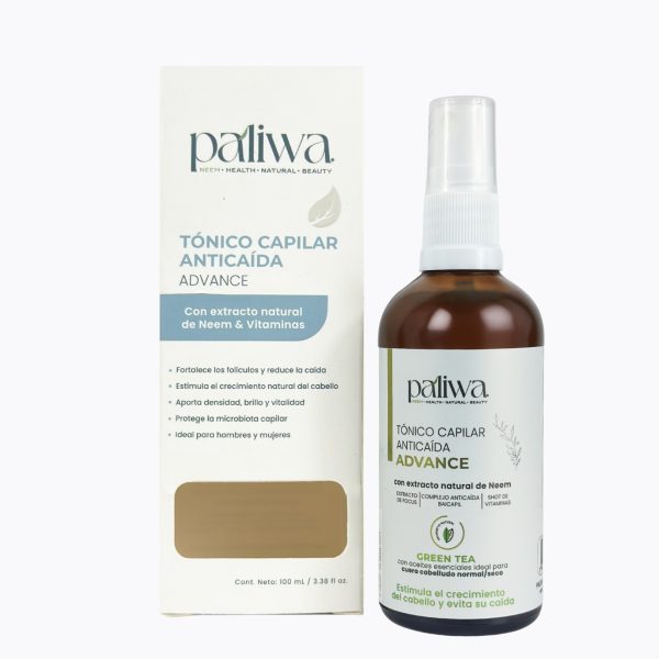 Tónico Anticaída Green Tea Paliwa Neem - textura y envase del tónico capilar